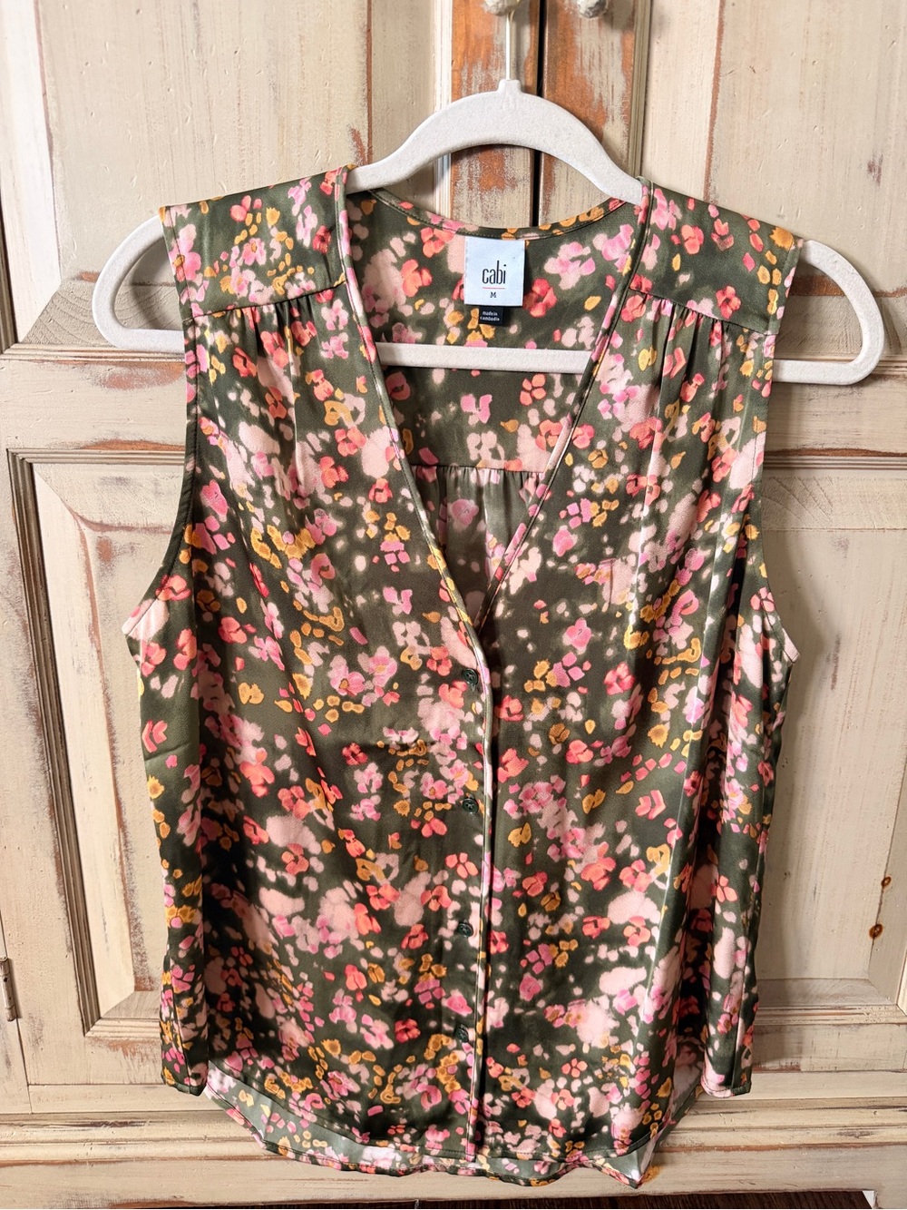 CAbi Olive Floral V-Neck Sleeveless Top with Pink and Mustard Accents - NWOT